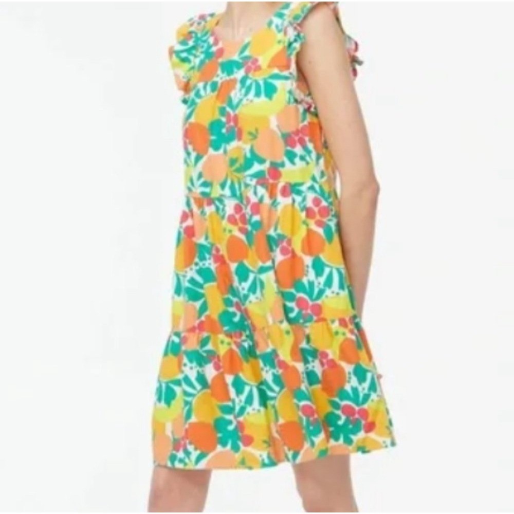 J. Crew Citrus Fruit Print Ruffle Sleeve Tiered Linen Dress Women's 0 Yellow